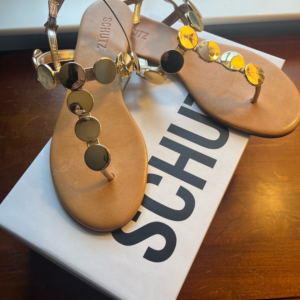 SCHUTZ Acacia T Strap Metallic Sandal